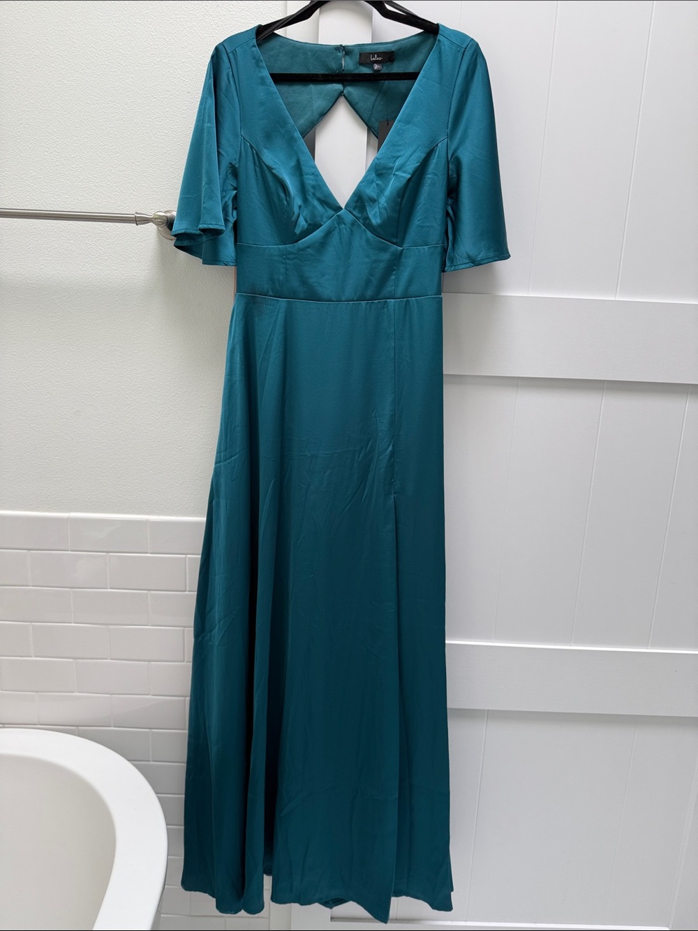 NWT Lulus Elegant Confidence Teal Satin Flutter Sleeve Maxi Dress L (US 10-12) - Picture 4 of 13